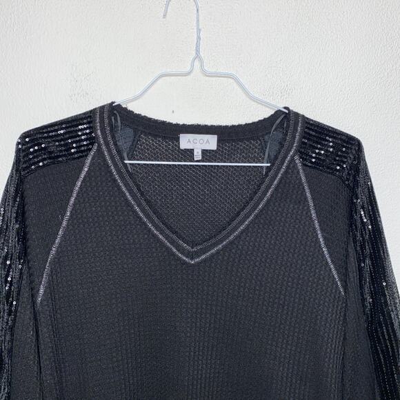 ACOA Puffed Velvet Sequins Sleeves Top Womens Oversized Sz S Black Waffle Knit - Picture 3 of 8